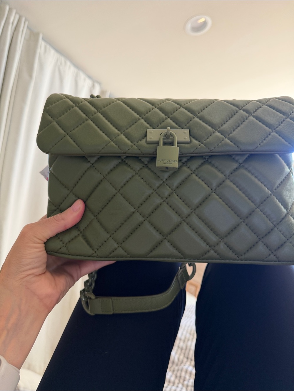 Kurt Geiger Quilted Olive Shoulder Bag with Padlock “The Brixton”